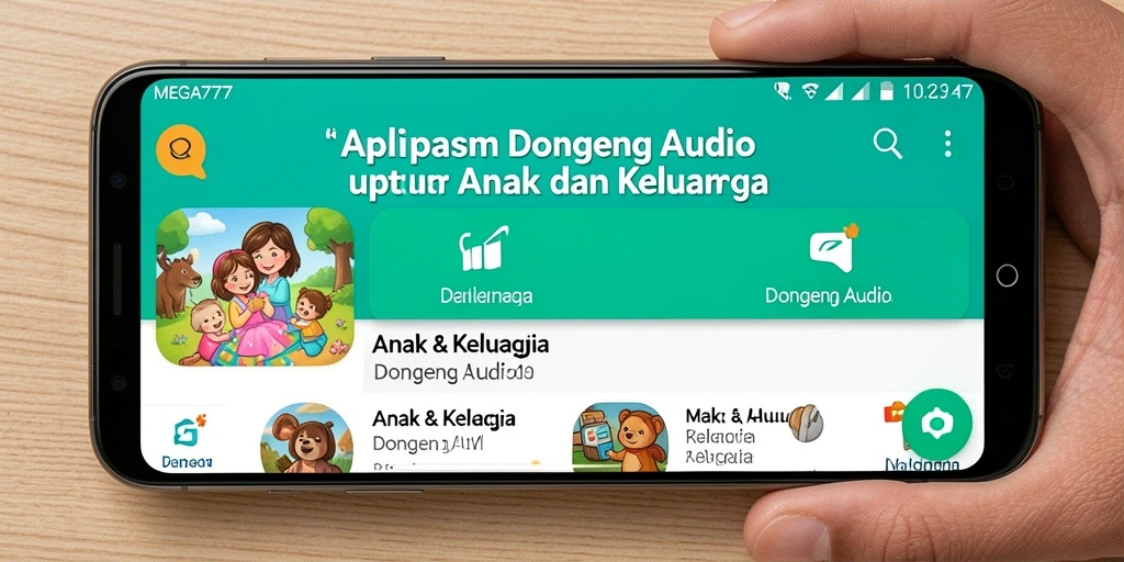 Antarmuka MEGA777 menampilkan daftar dongeng audio yang menarik.