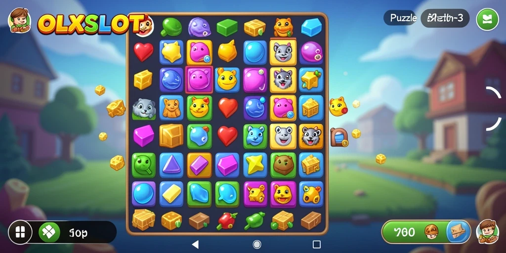 Screenshot menampilkan antarmuka menarik OLXSLOT dalam gameplay Puzzle Match-3.